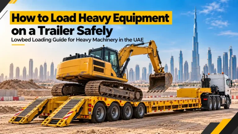 Excavator being loaded onto a lowbed trailer using ramps at a construction site in the UAE.