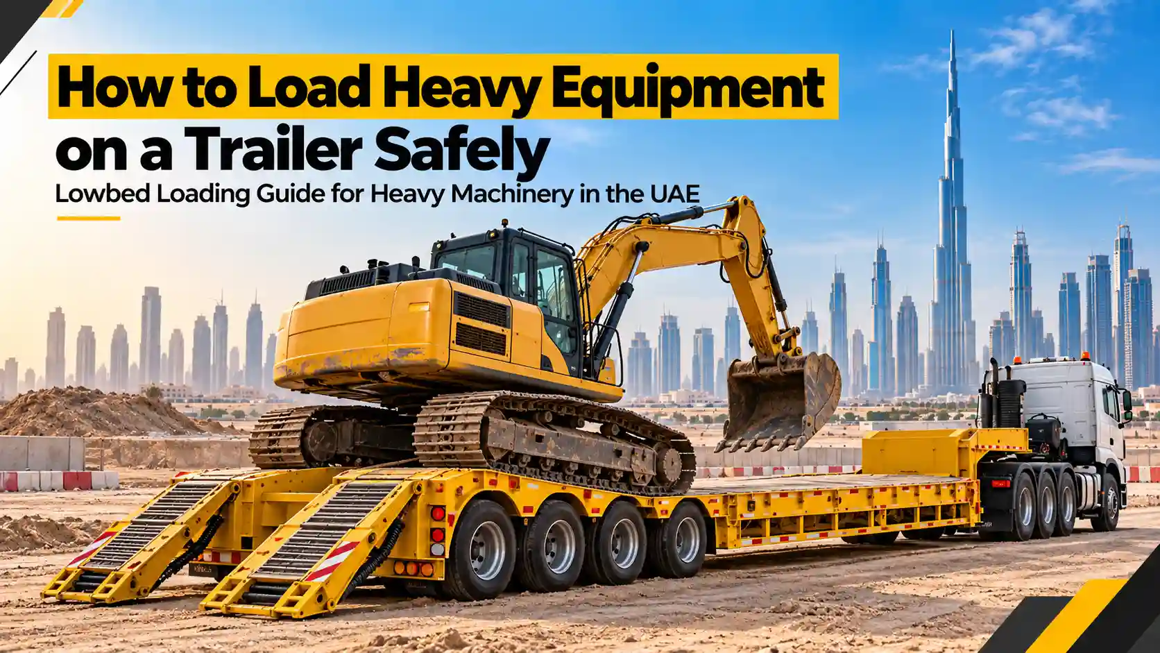 Excavator being loaded onto a lowbed trailer using ramps at a construction site in the UAE.
