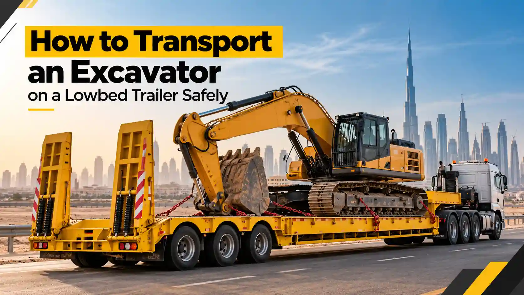 Yellow excavator secured on a lowbed trailer on a UAE highway with the Dubai skyline, illustrating how to transport an excavator safely.