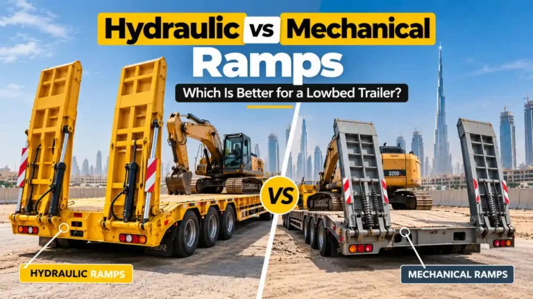Hydraulic and mechanical lowbed trailer ramps compared for loading heavy equipment in the UAE.