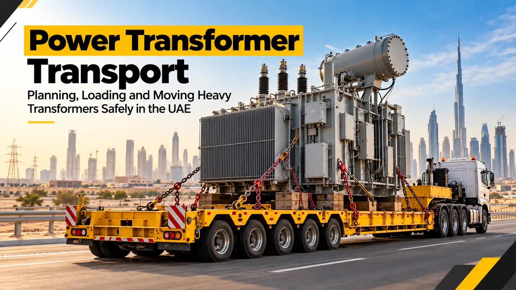 Heavy power transformer secured on a lowbed trailer for transport in the UAE.